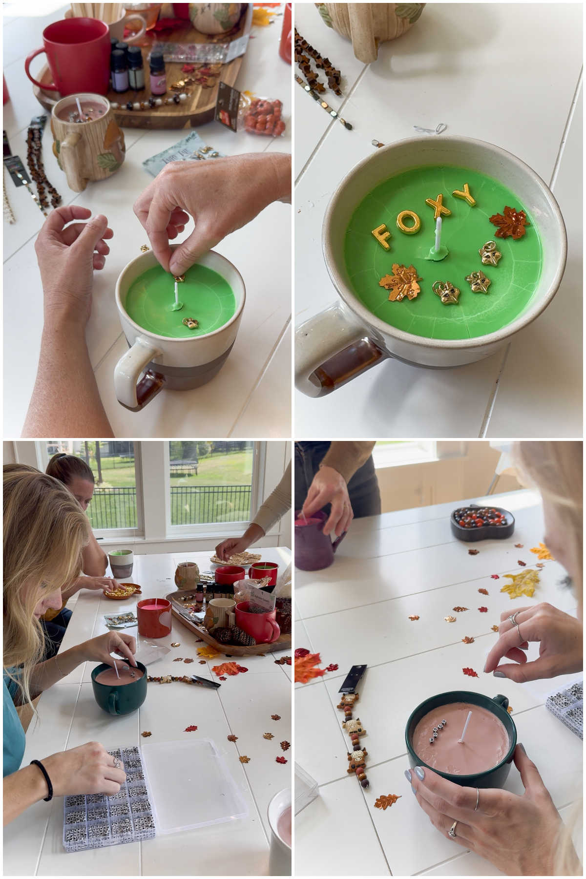 four images showing women adding letters and beads to mug candles