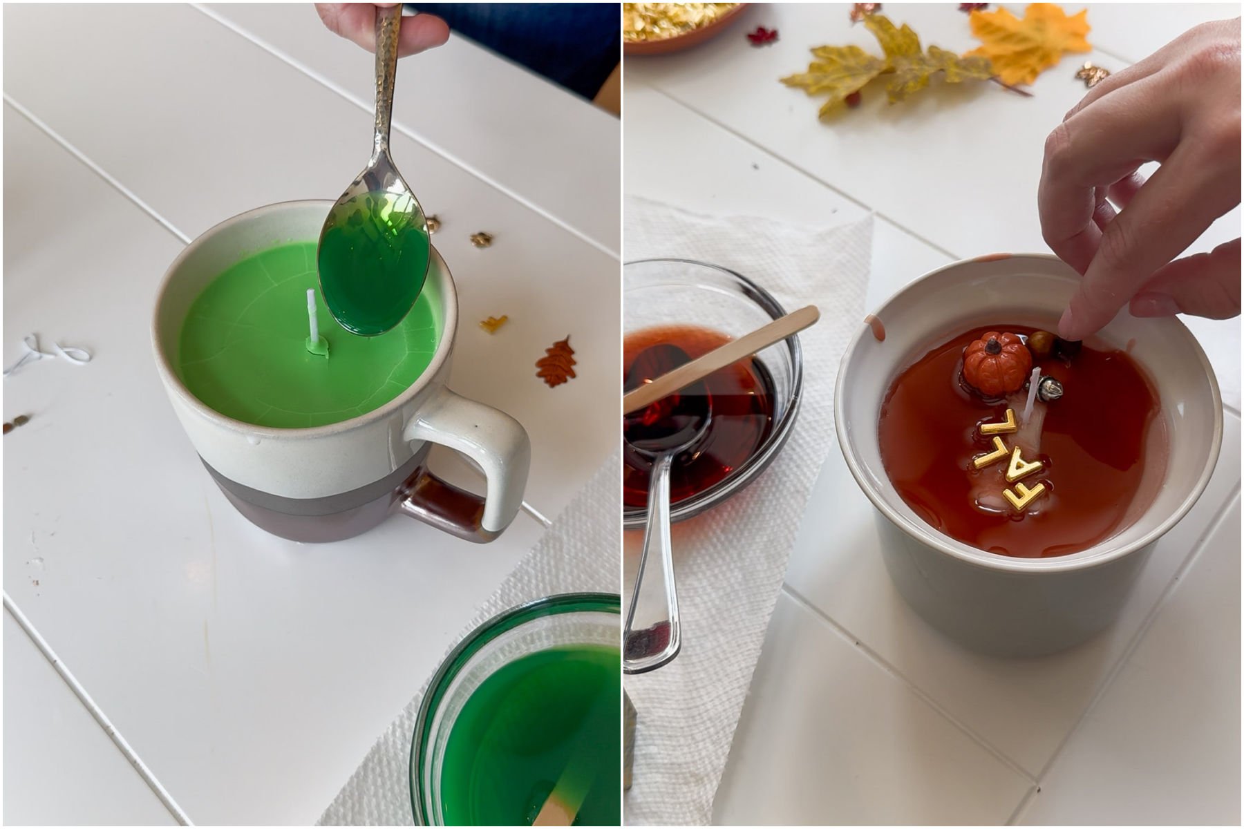 two images showing adding wax to a mug candle 