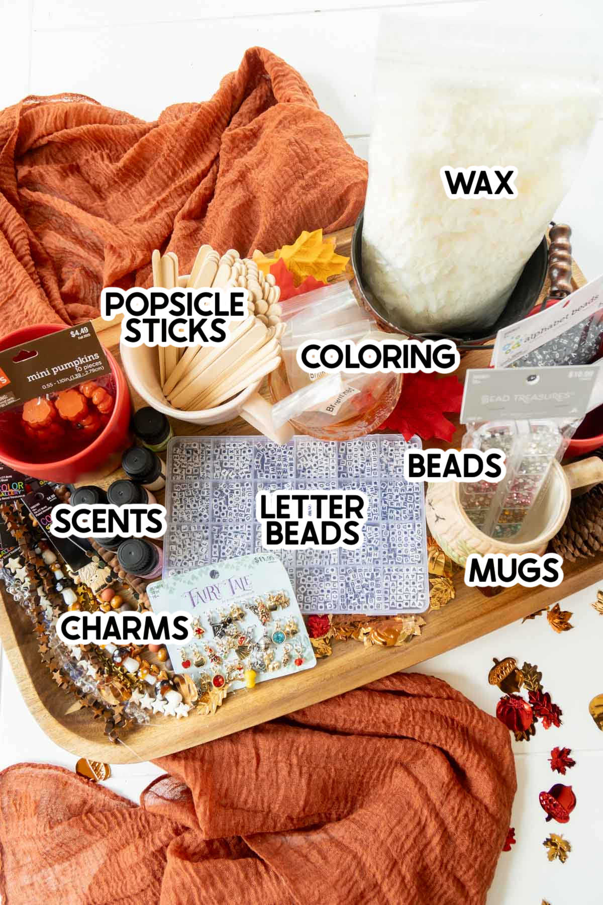 supplies to make a mug candle with labels
