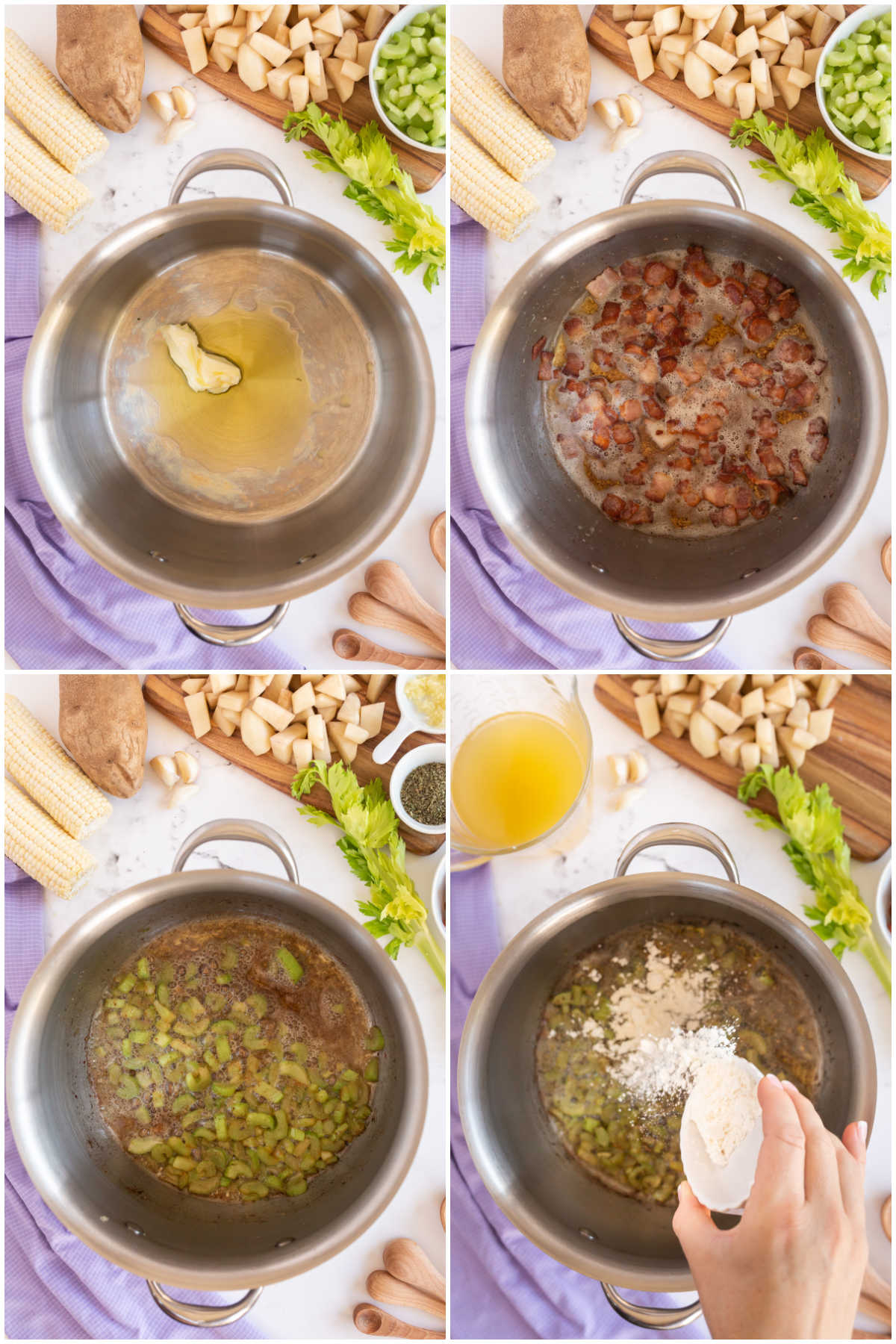 four images showing cooking bacon and veggies in a metal pot