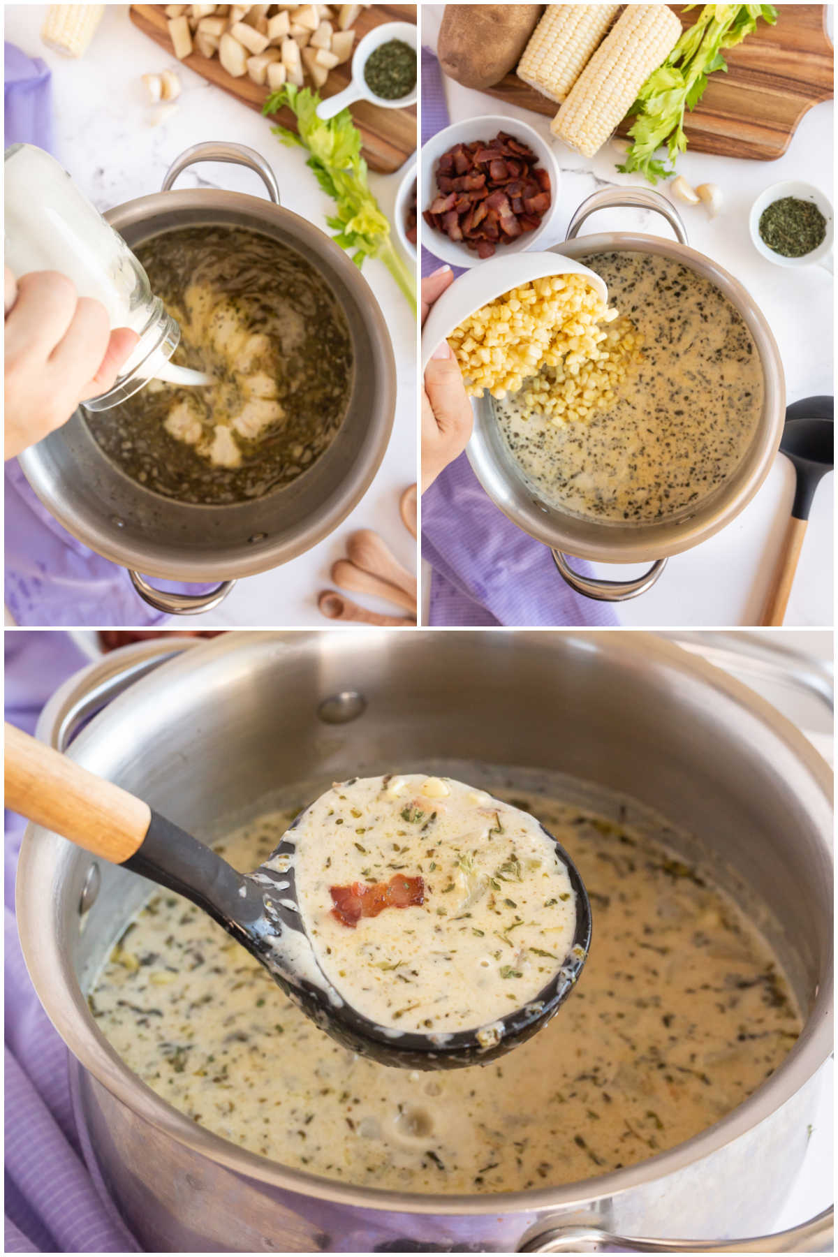 three images showing adding potatoes and corn to a chowder