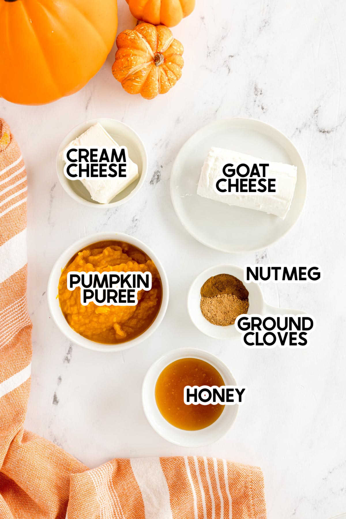 ingredients in a pumpkin goat cheese dip with labels