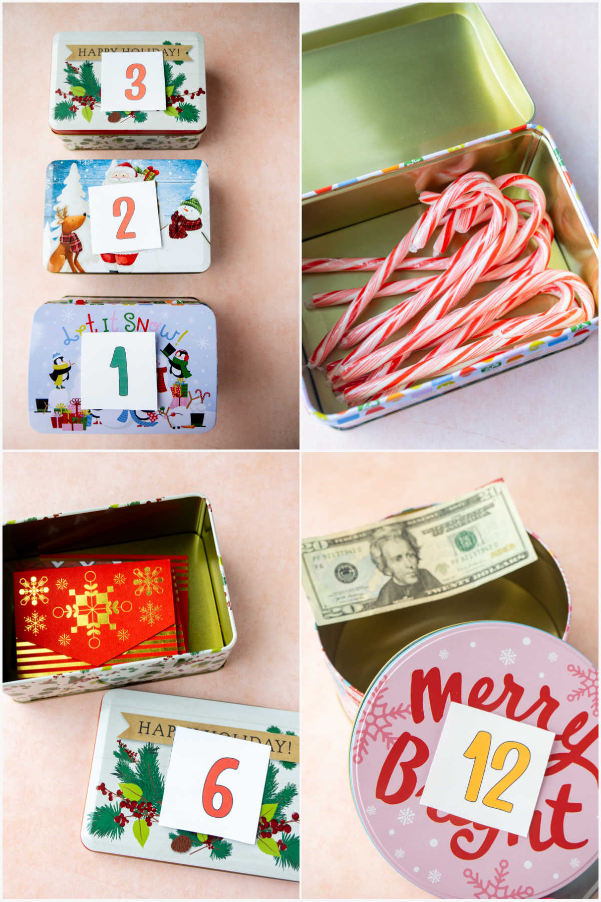 four images showing prizes inside Christmas tins