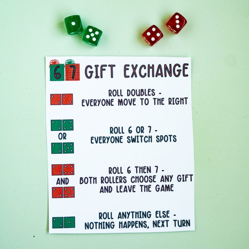 white paper with instructions for a 67 gift exchange game