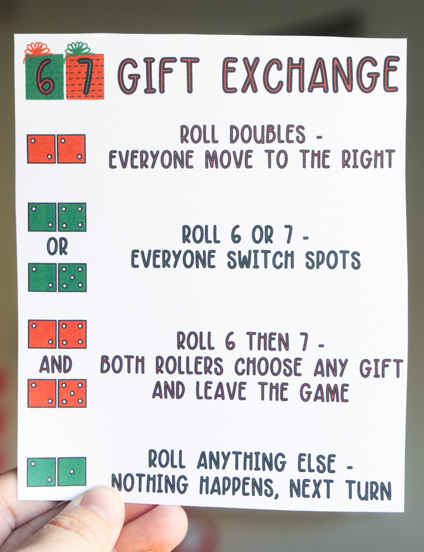white paper with instructions for a 67 gift exchange game