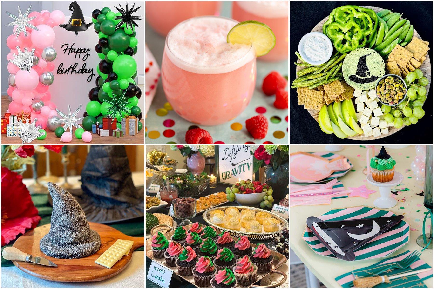 six Wicked party ideas in a rectangle collage