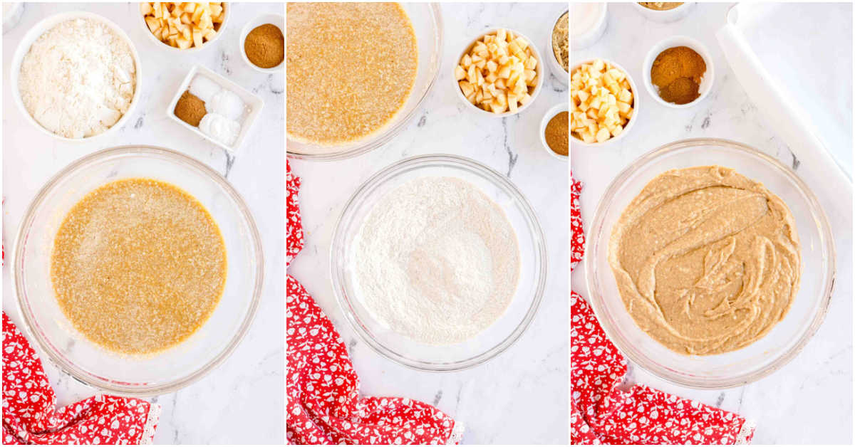three images showing the step by step process of making apple coffee cake