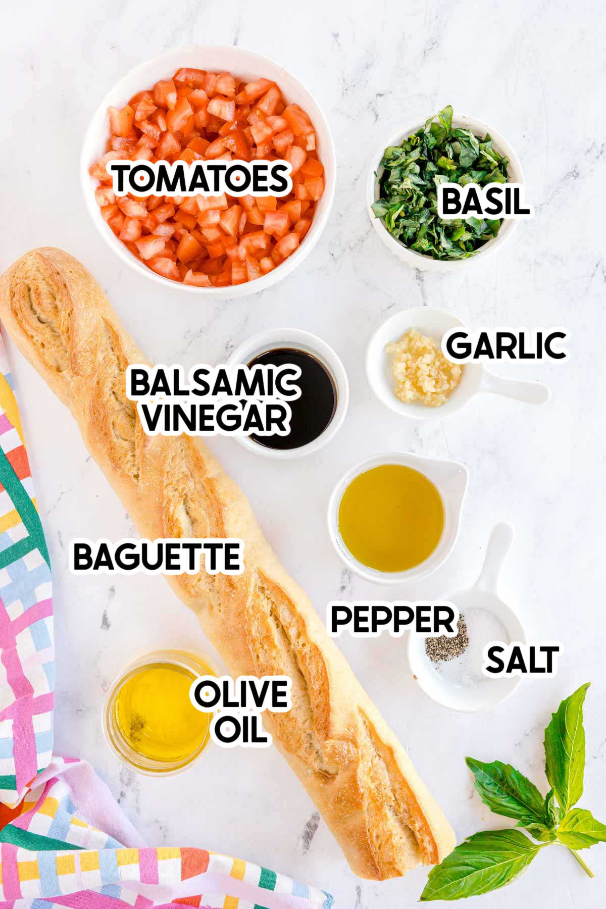 ingredients in balsamic bruschetta with labels