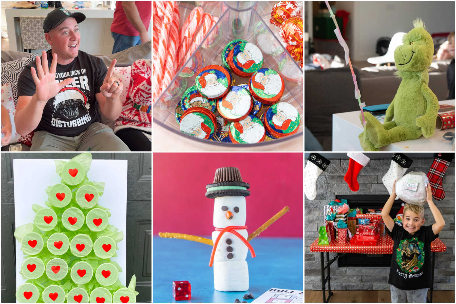 collage of six images showing different Christmas party games
