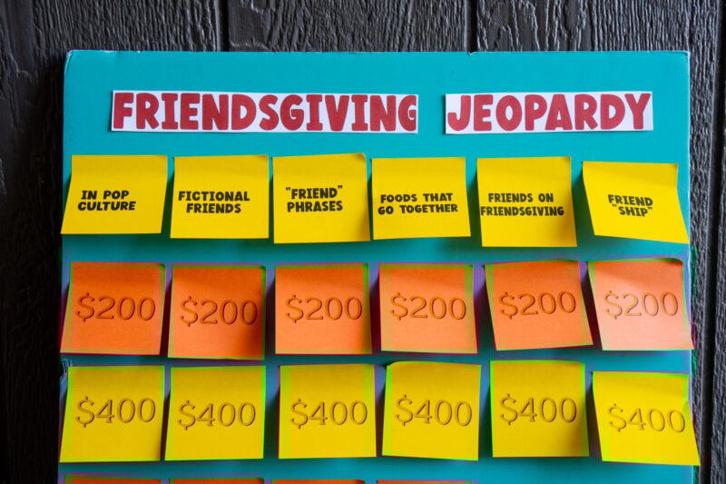 Friendsgiving Jeopardy board made out of post-it notes