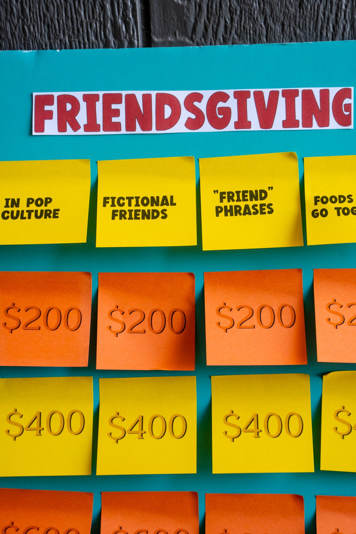 Friendsgiving Jeopardy board made with post-it notes