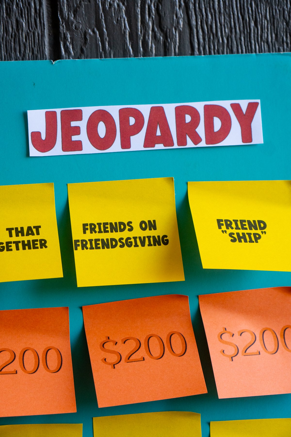 Friendsgiving Jeopardy board made with post-it notes