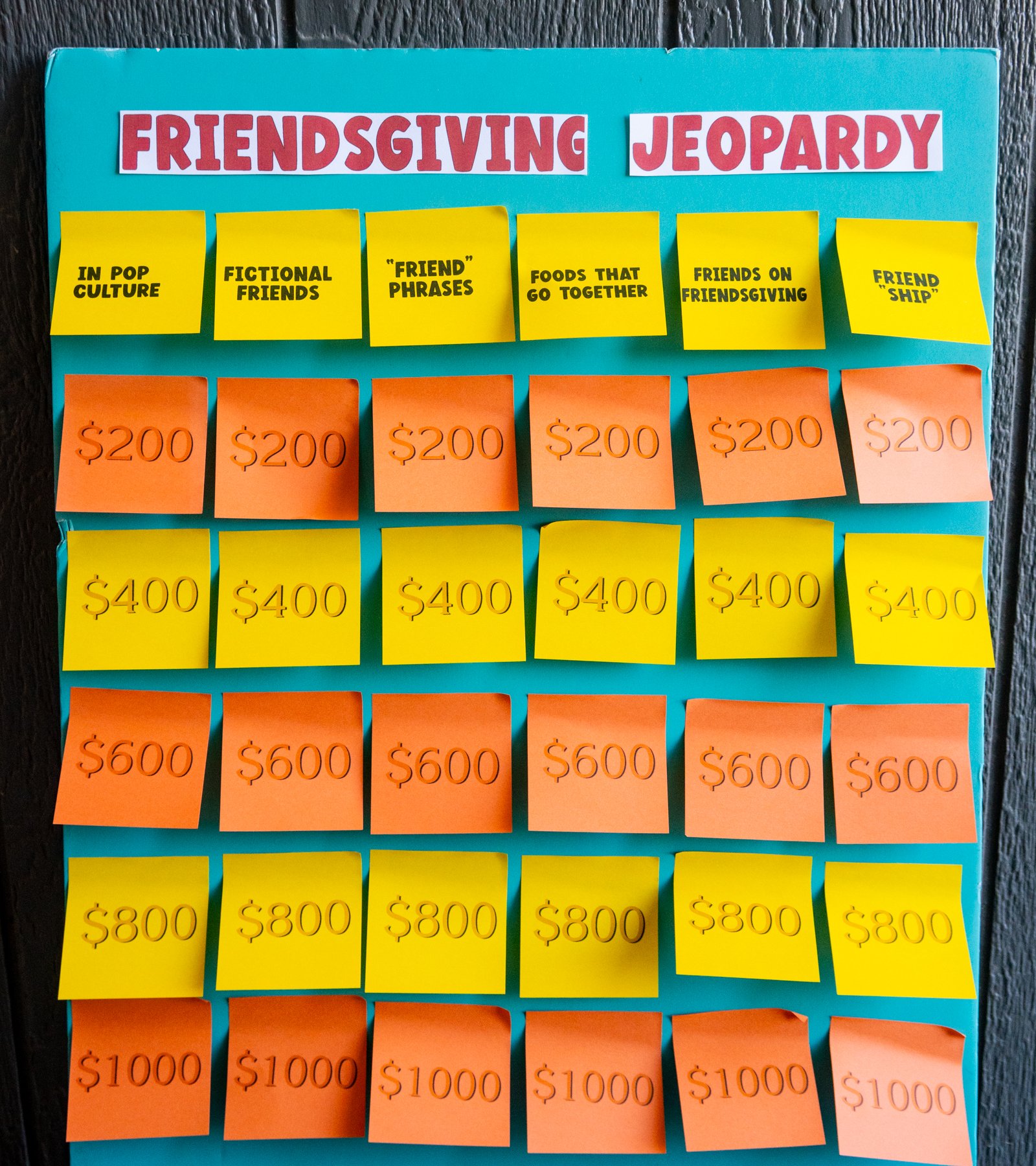 Friendsgiving Jeopardy board made with post-it notes