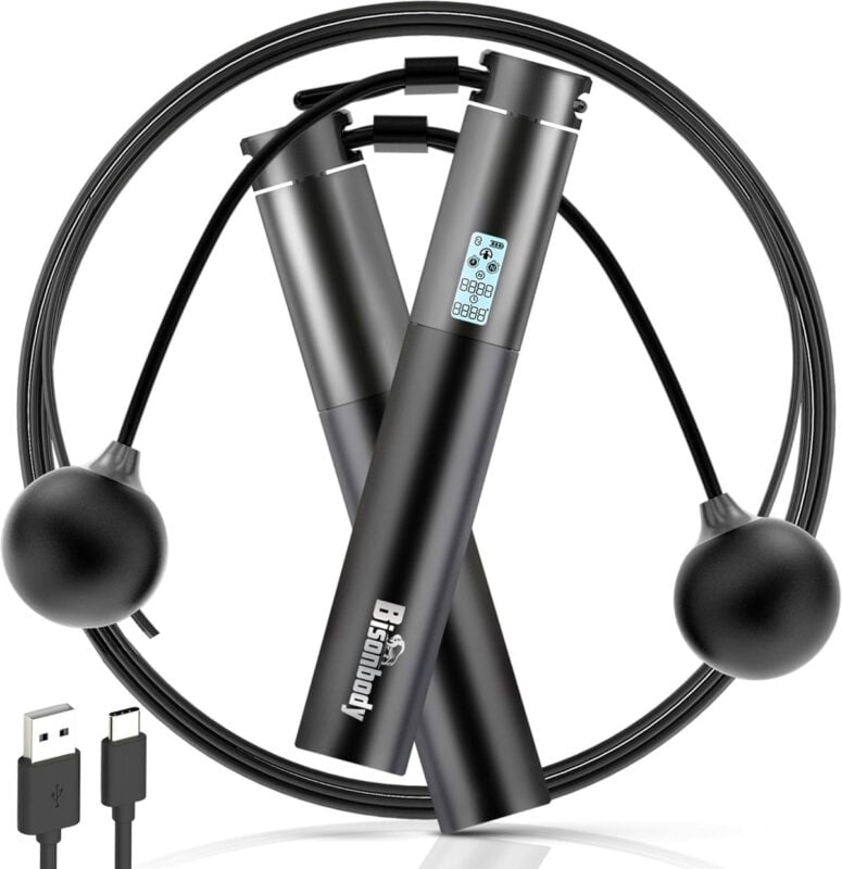 black handheld jumprope with weighted balls on the end