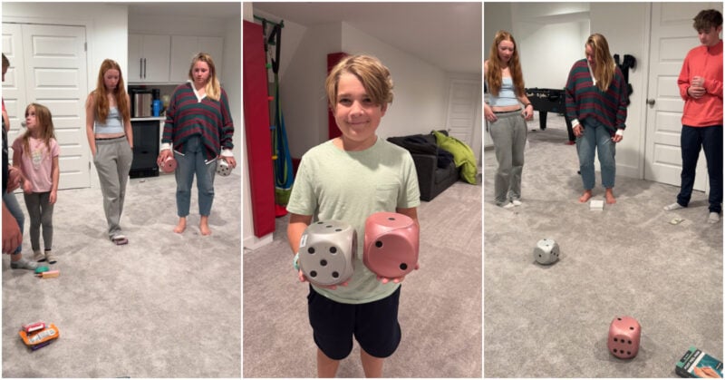 three images showing people playing a 67 gift exchange game