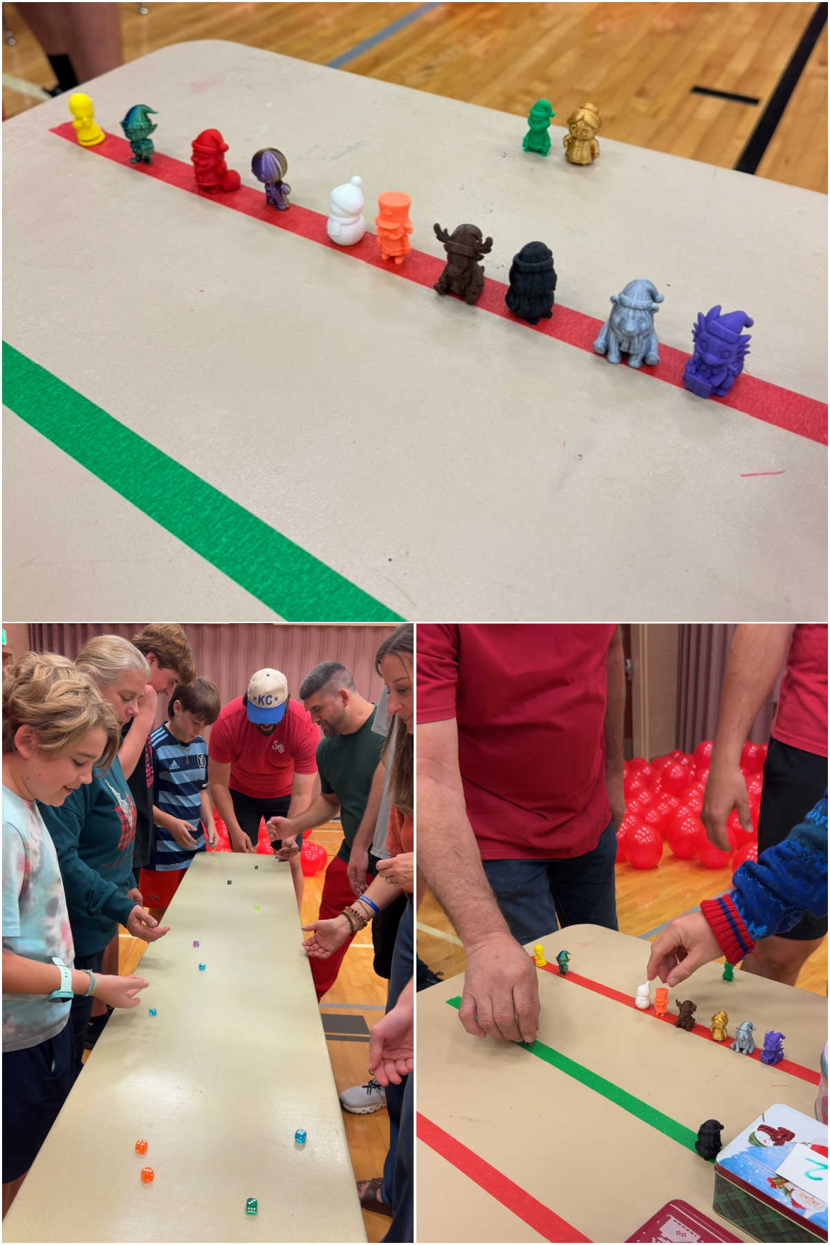 three images showing people moving playing pieces on a table