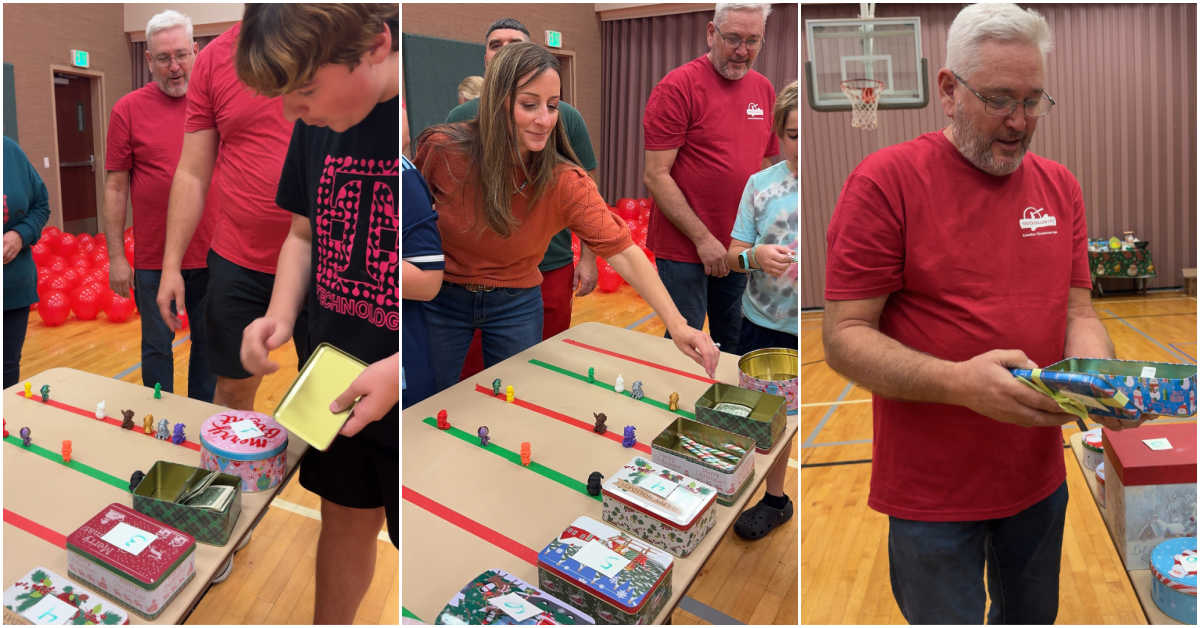 three images in a collage showing people opening Christmas prizes in tins