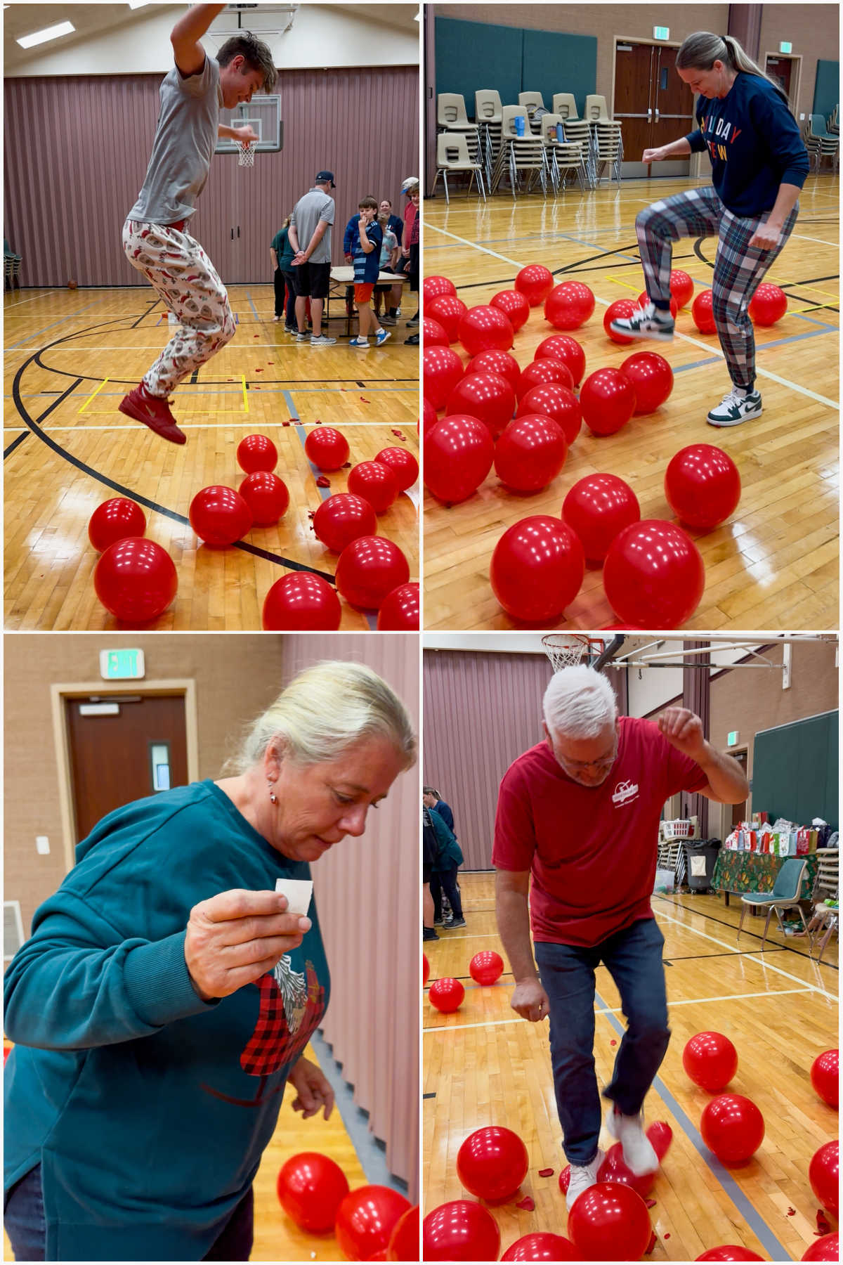 four images showing people popping red balloons