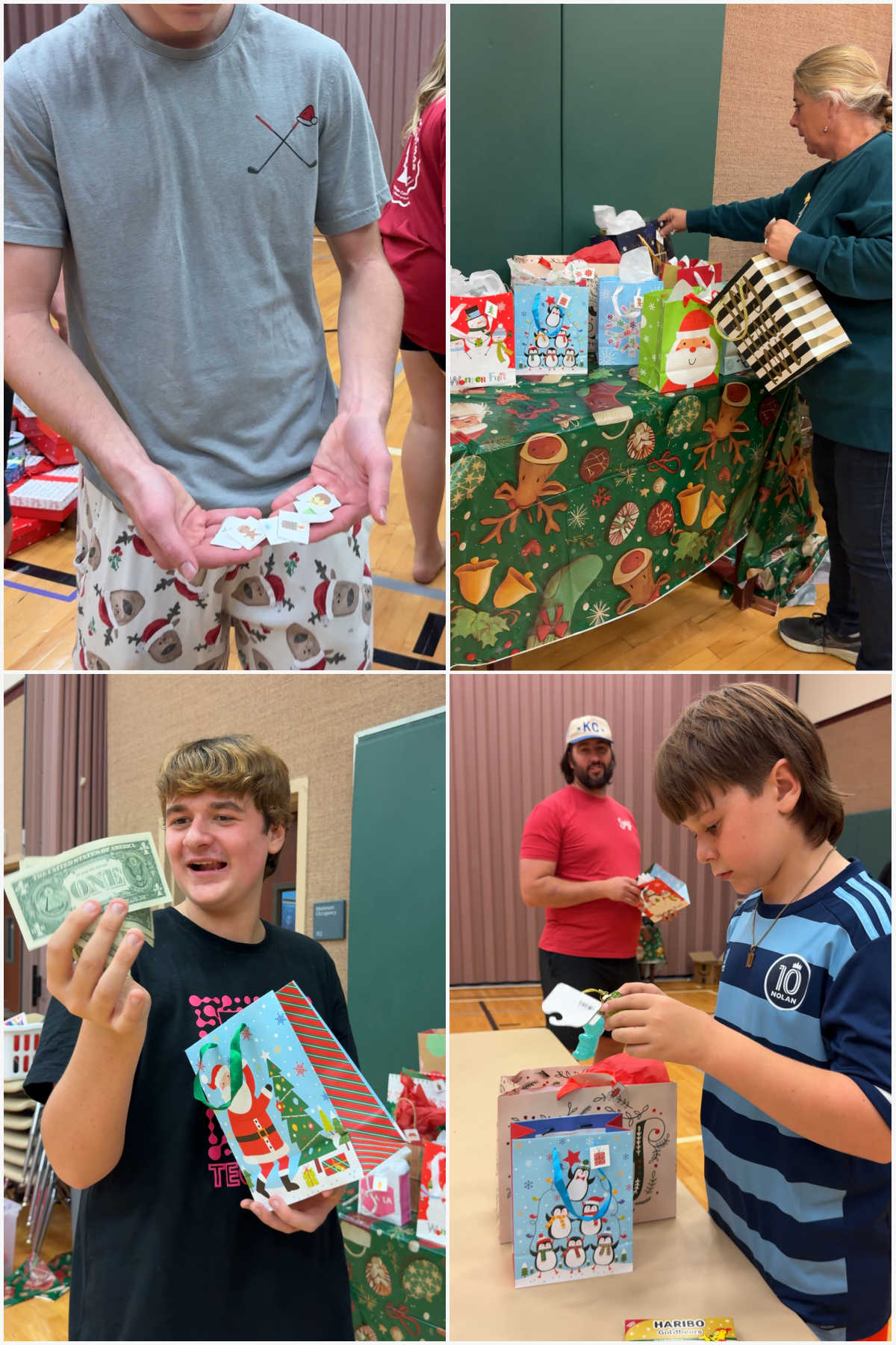 four image collage showing people picking and opening Christmas gift bags