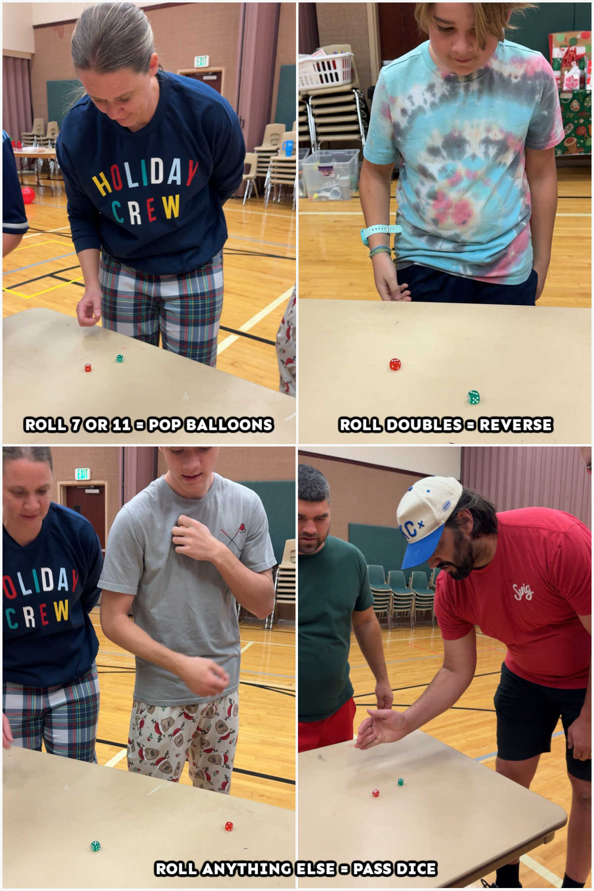 four images showing people rolling dice on a table