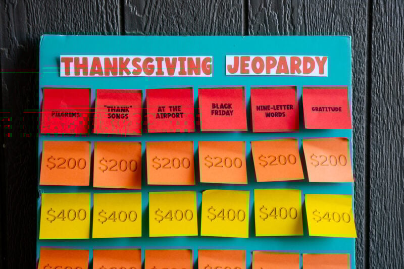 Thanksgiving Jeopardy board made out of post-it notes