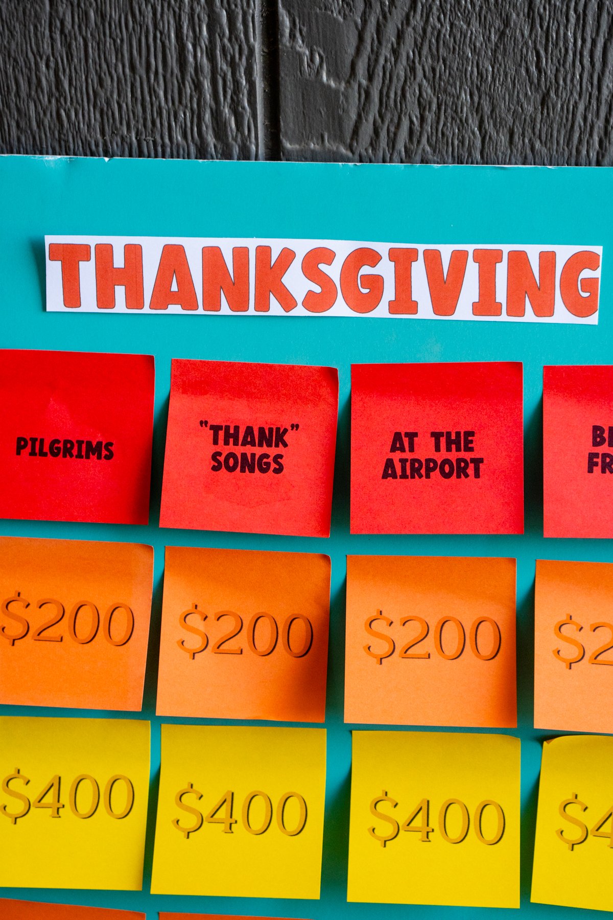 Thanksgiving Jeopardy board made out of post-it notes