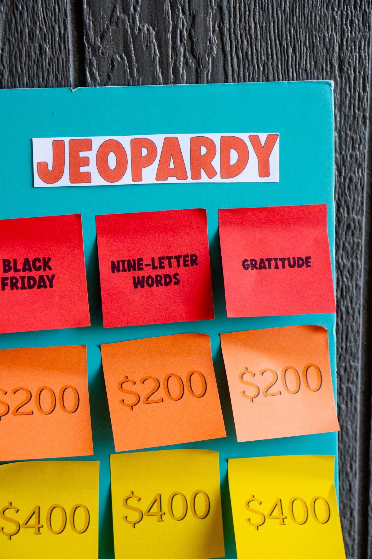 Thanksgiving Jeopardy board with post-it notes