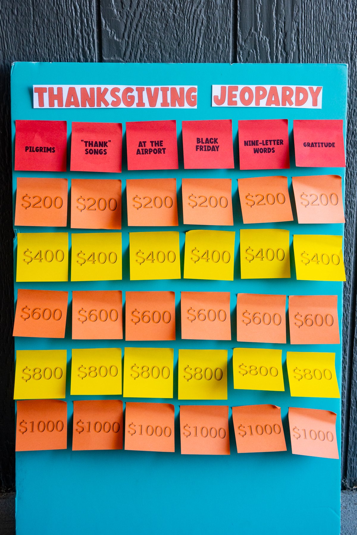 Thanksgiving Jeopardy board made out of post-it notes