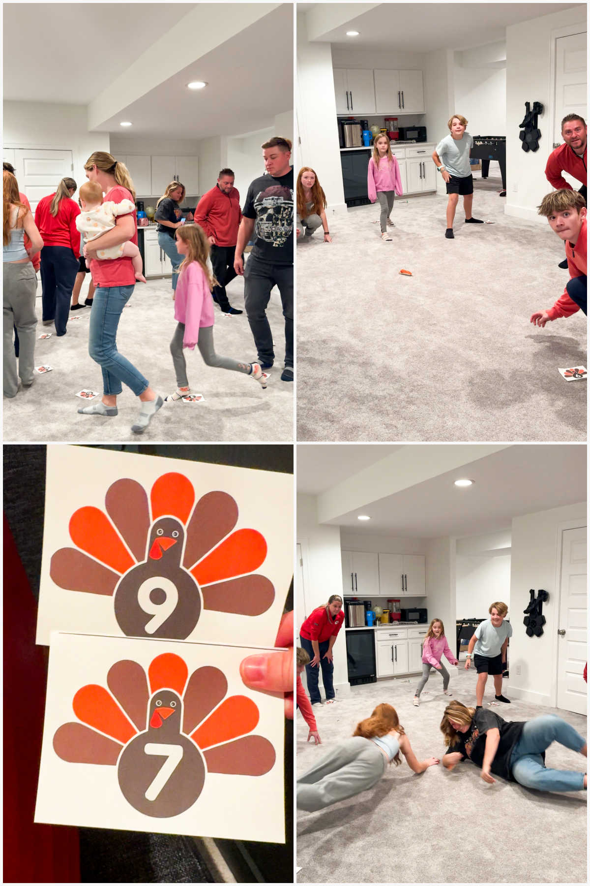 four images showing people playing a turkey trot Thanksgiving game