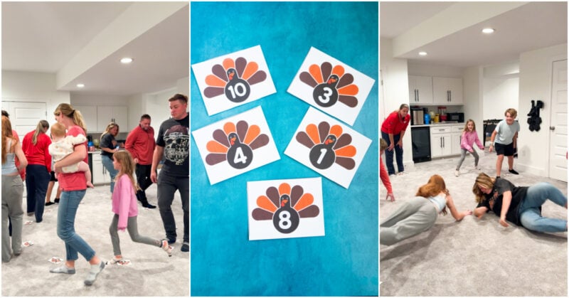 three images showing people playing a turkey trot game