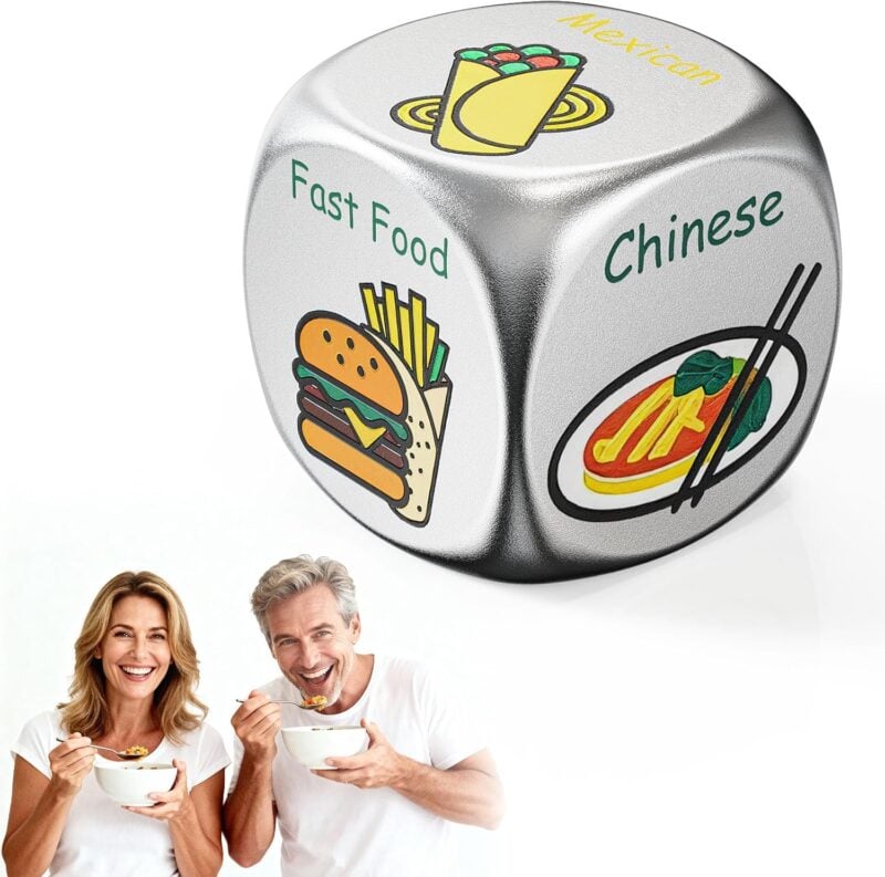 dice with dinner options on it and two people eating