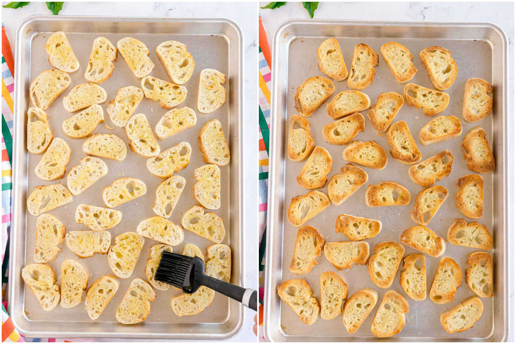 two images showing toasted pieces of bread on a baking sheet