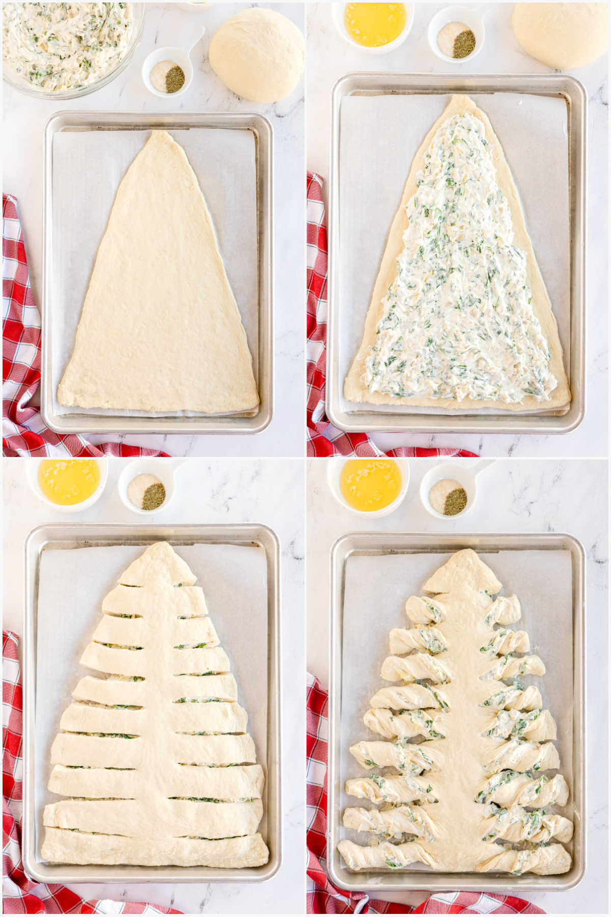 collage showing four steps to making a spinach artichoke christmas tree