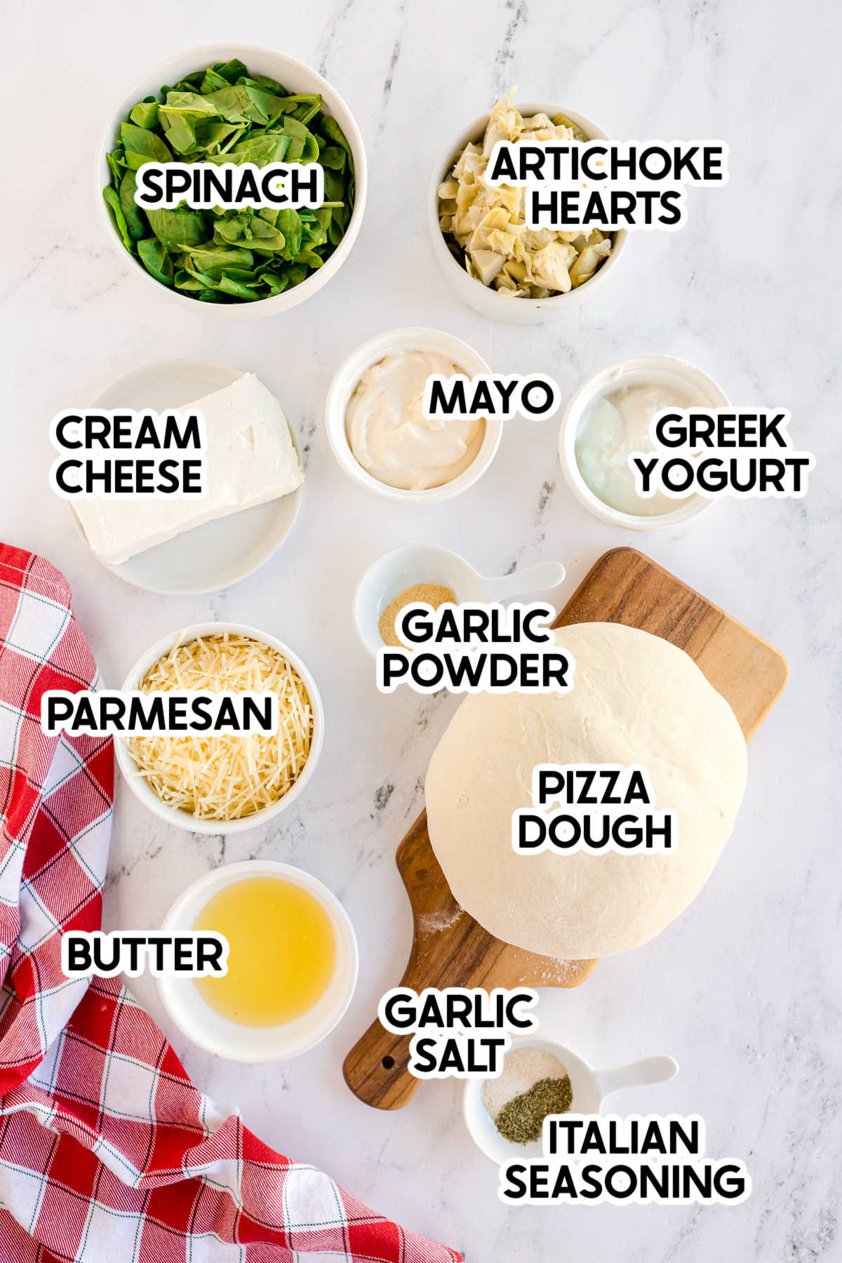 ingredients to make a spinach artichoke Christmas tree with labels