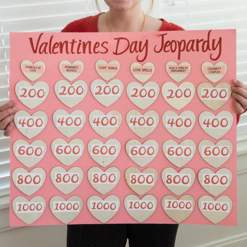 Valentine's Day Jeopardy board made with hearts and a poster board