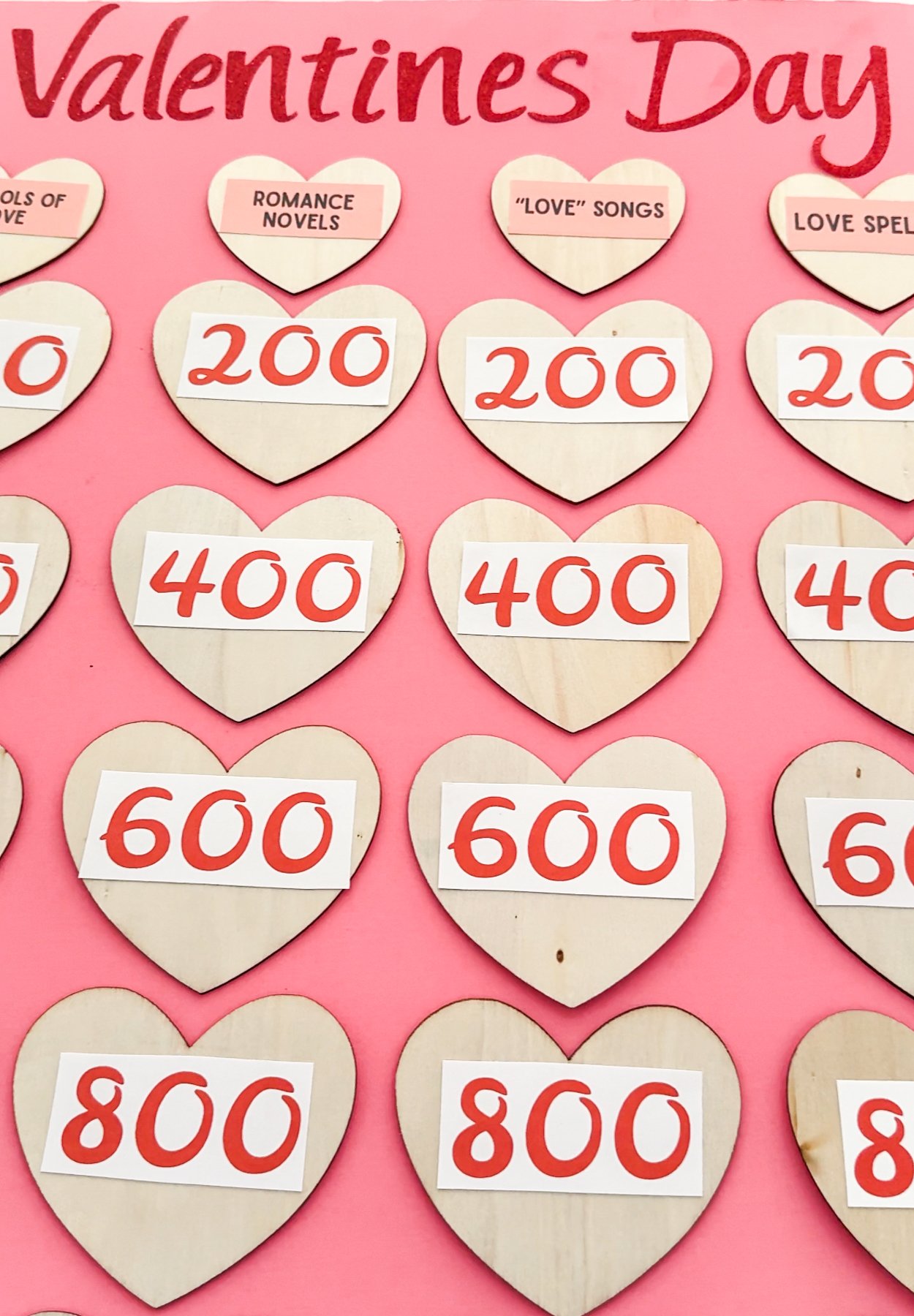 close up of a Valentine's Day Jeopardy board