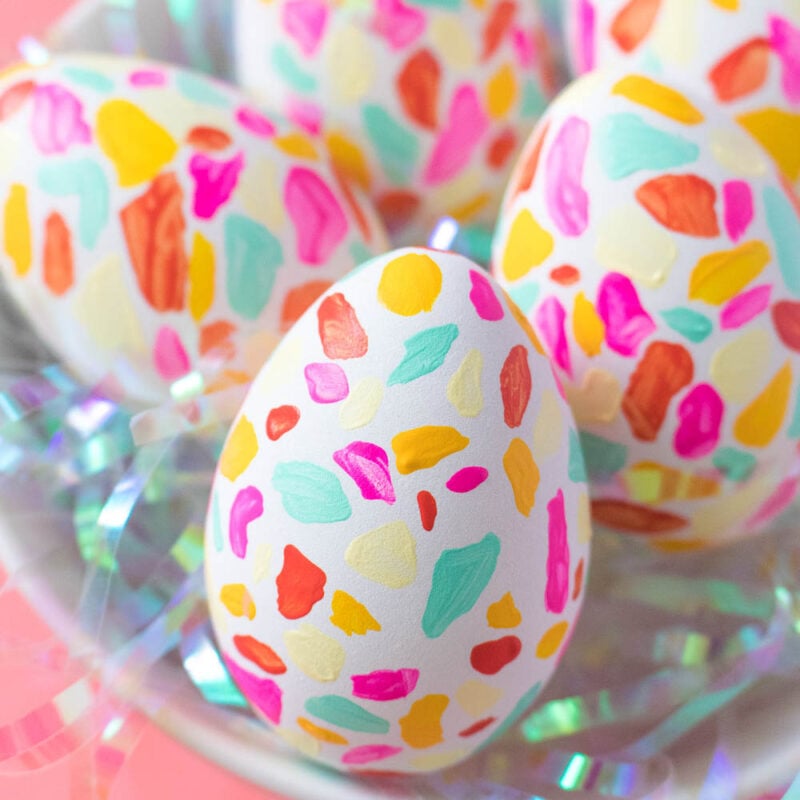 Easter eggs painted in a speckled pattern with various colors