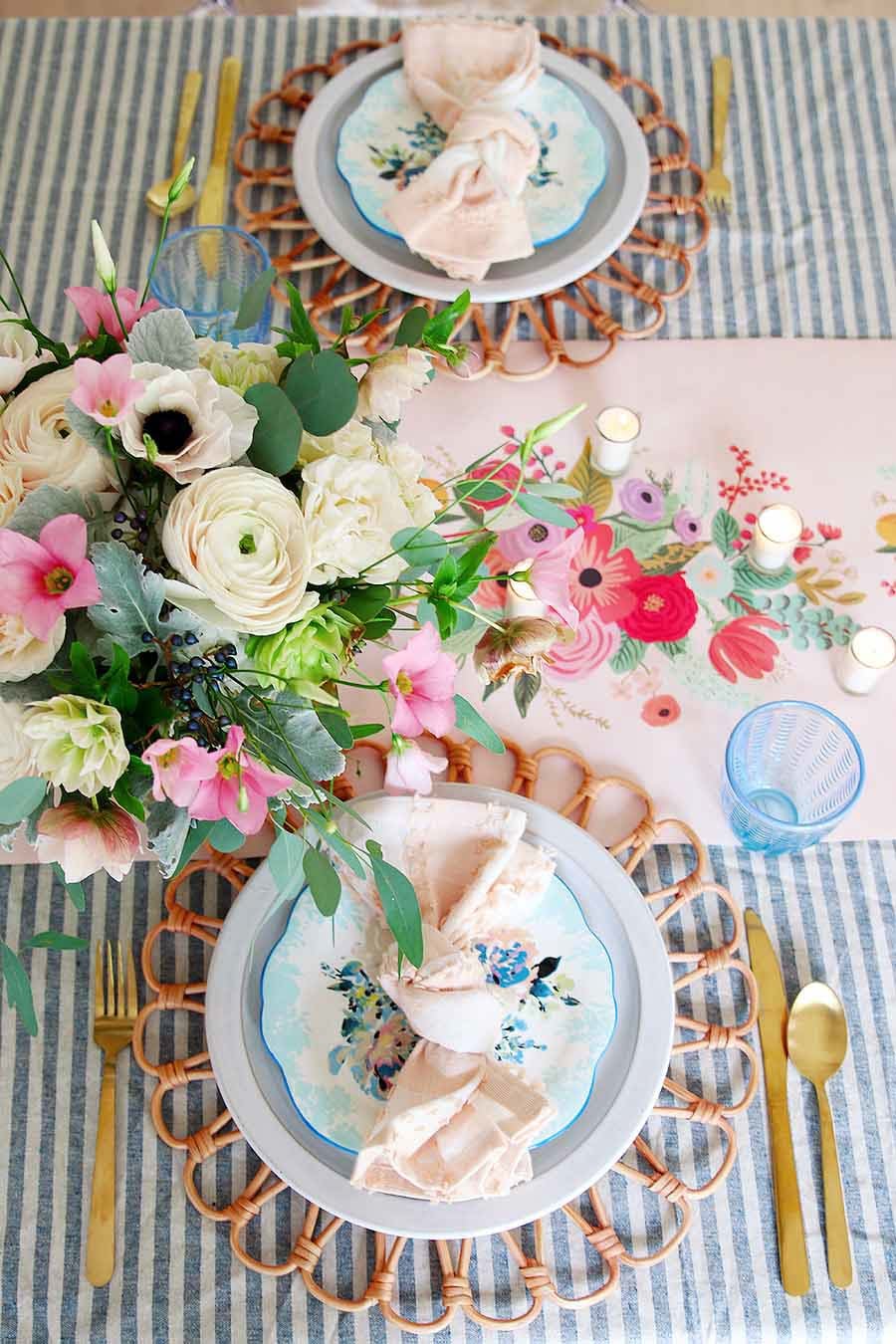 multicolored table setting with various floral patterns