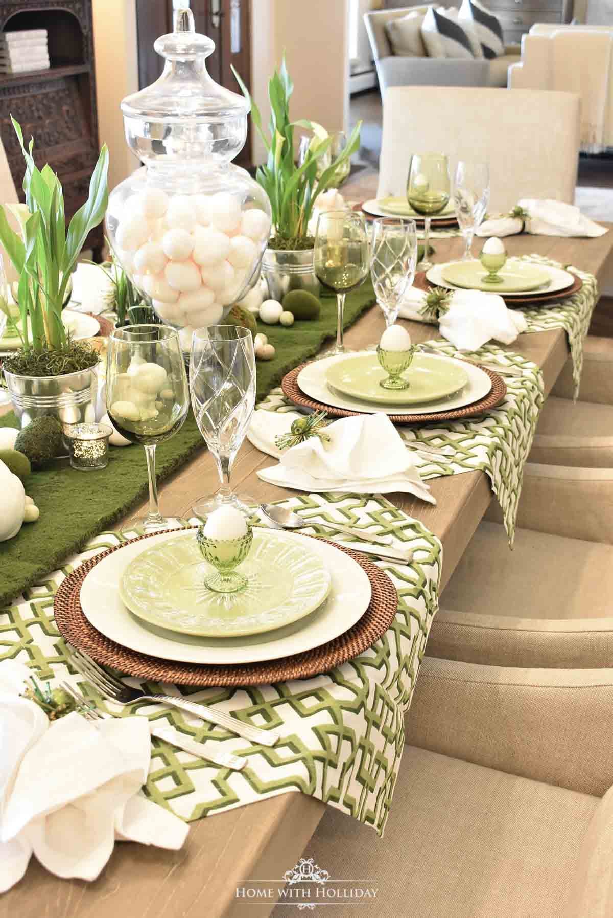 green and brown table setting with a green egg holder