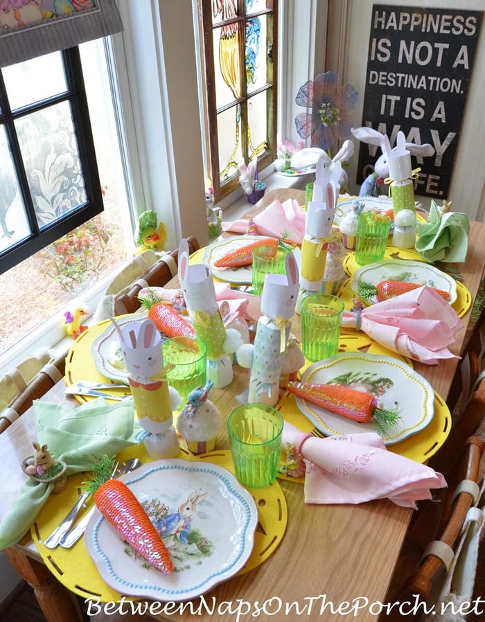 kids' tables setting with sequin carrots and bunny crackers