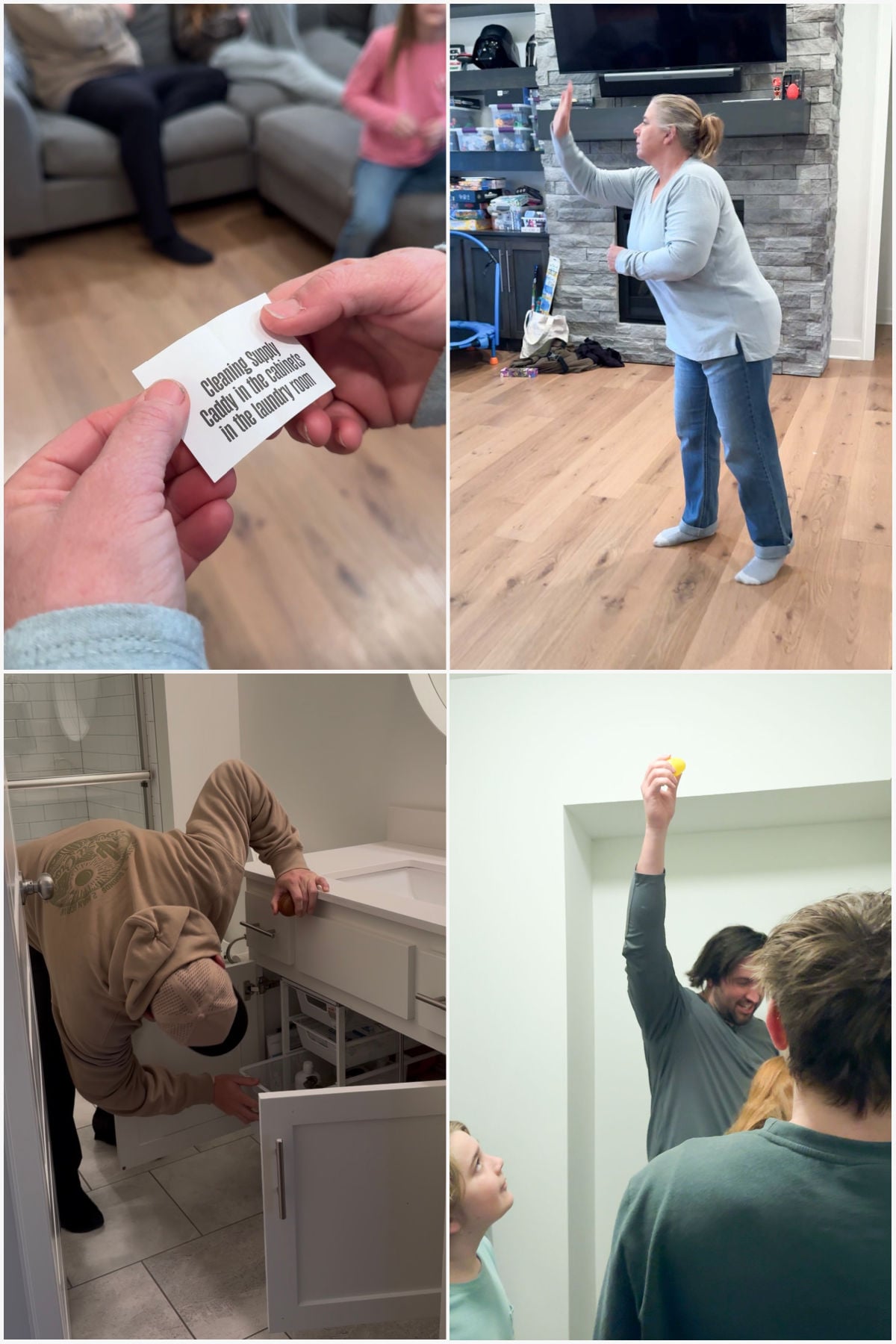 four images showing people doing a charades Easter egg hunt