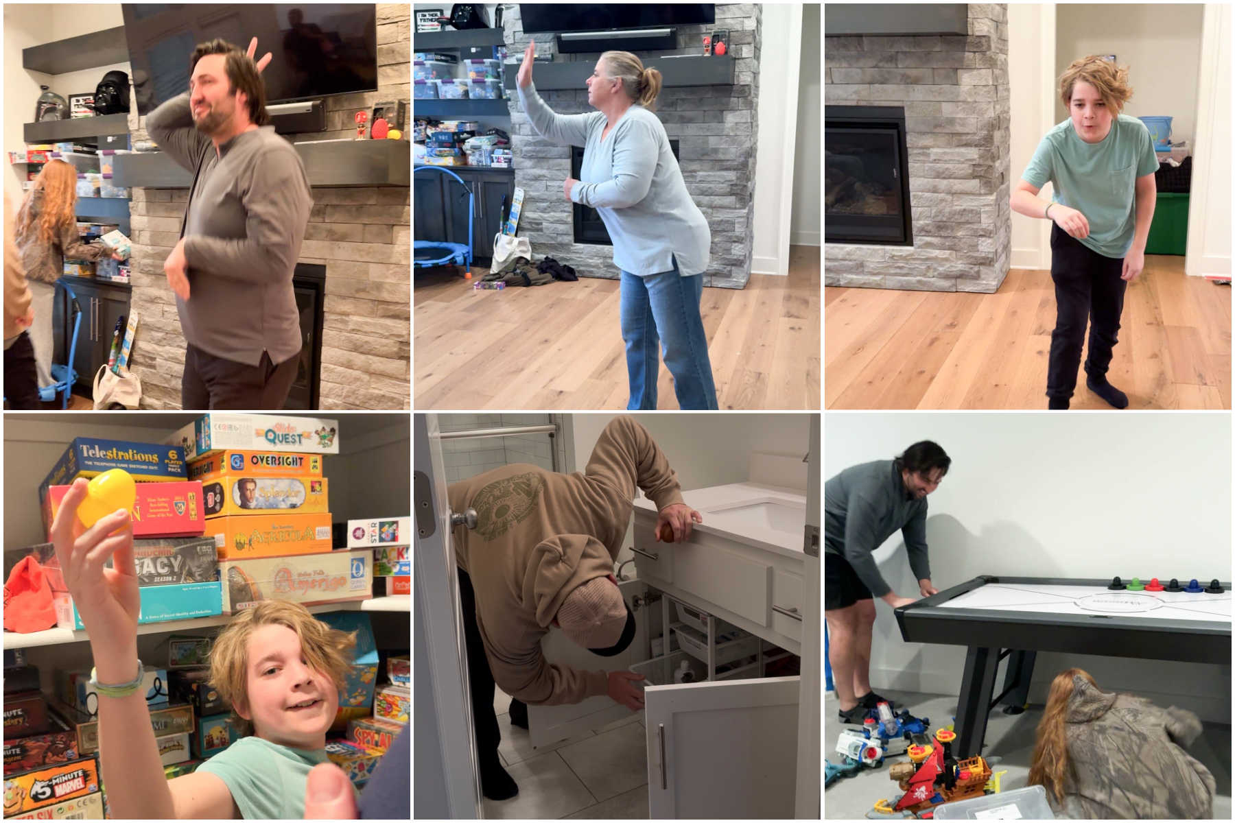 collage of images showing people doing charades clues to find Easter eggs