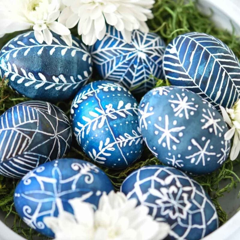 blue and white patterned easter egg