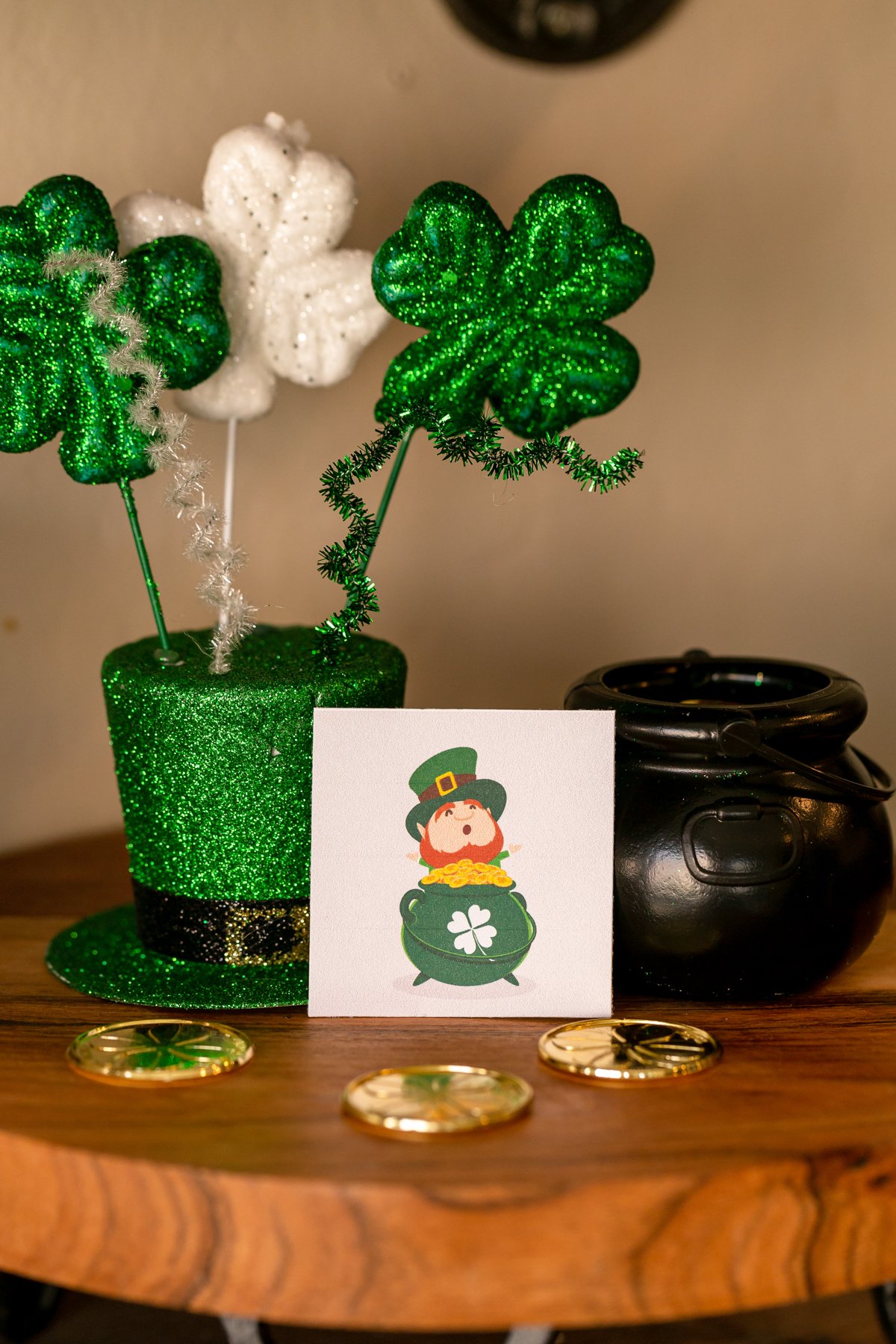 leprechaun hidden on a table