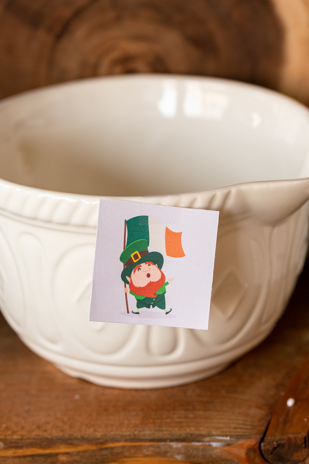 leprechaun printout on a white bowl