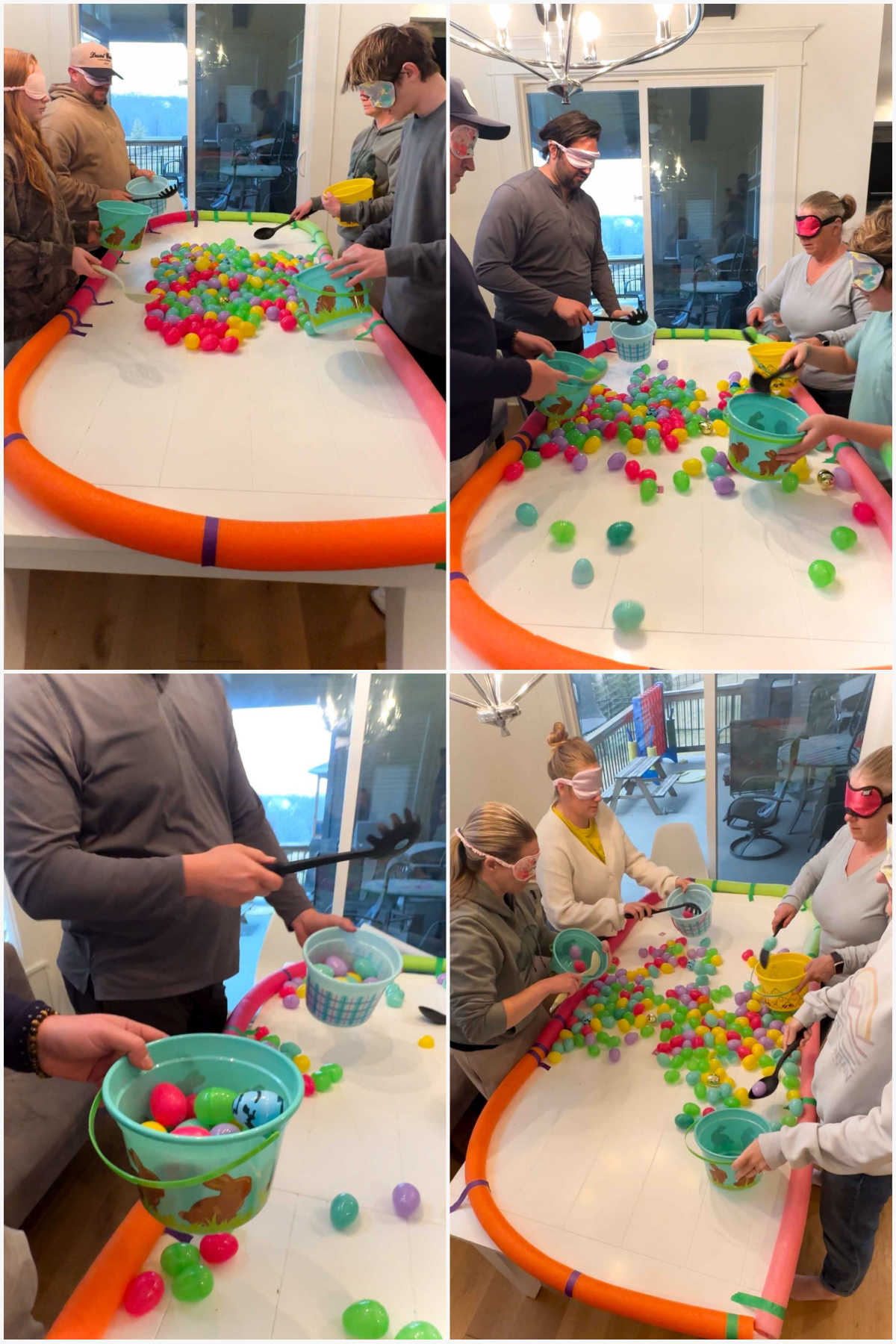 four images showing adults playing hungry hungry bunnies