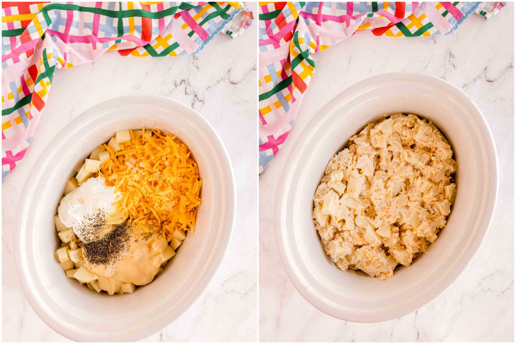 two images showing adding slow cooker cheesy potato ingredients to a bowl