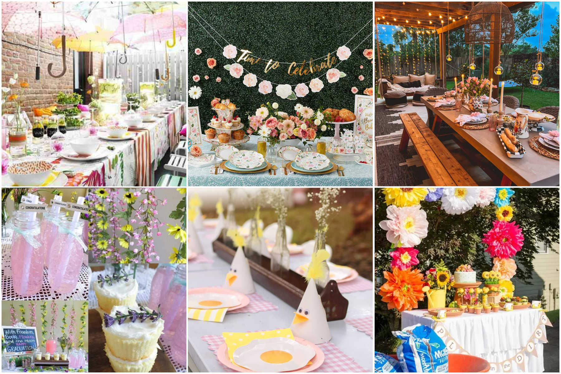 six images showing different spring party themes