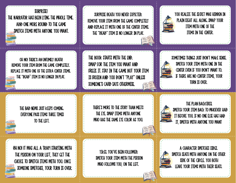 violetinės ir geltonos knygų mainų žaidimų kortelės