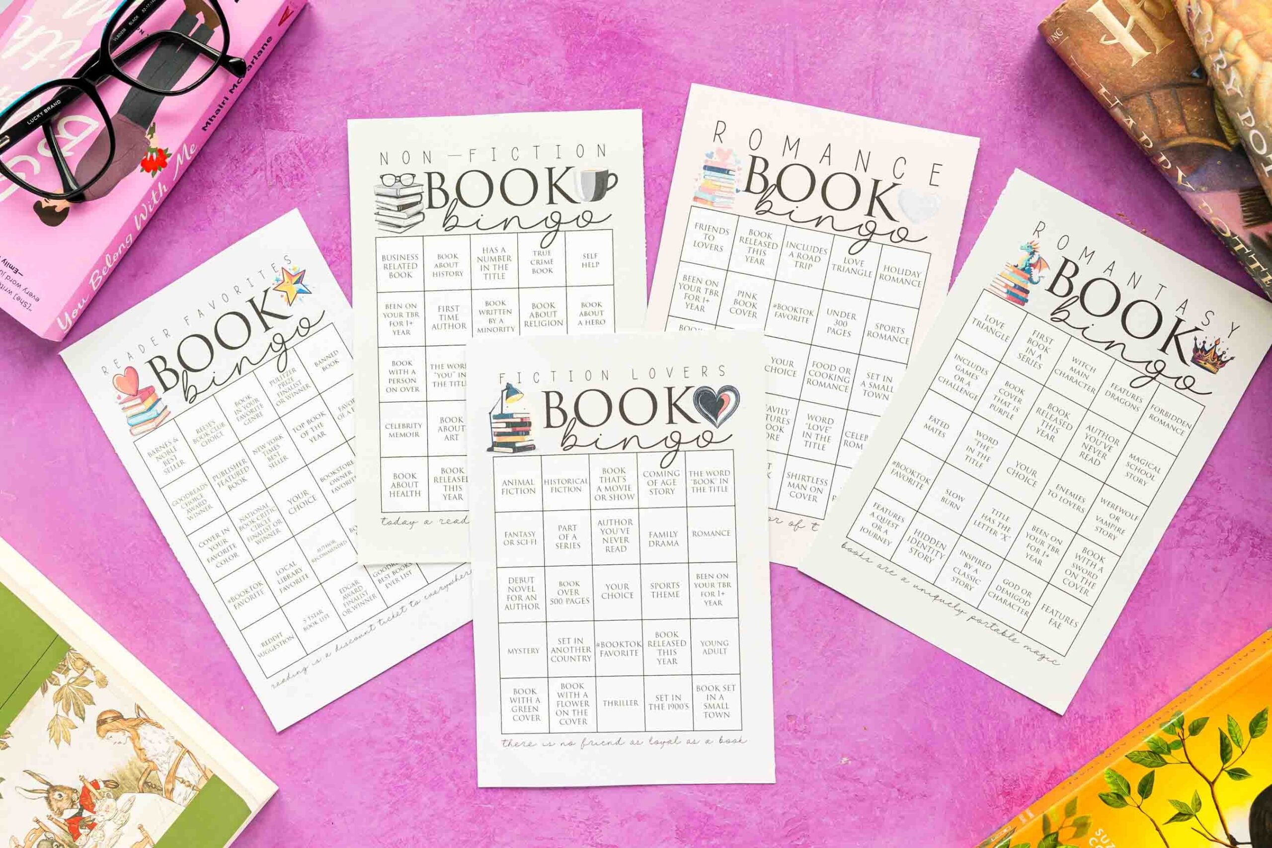 Filled out book bingo cards